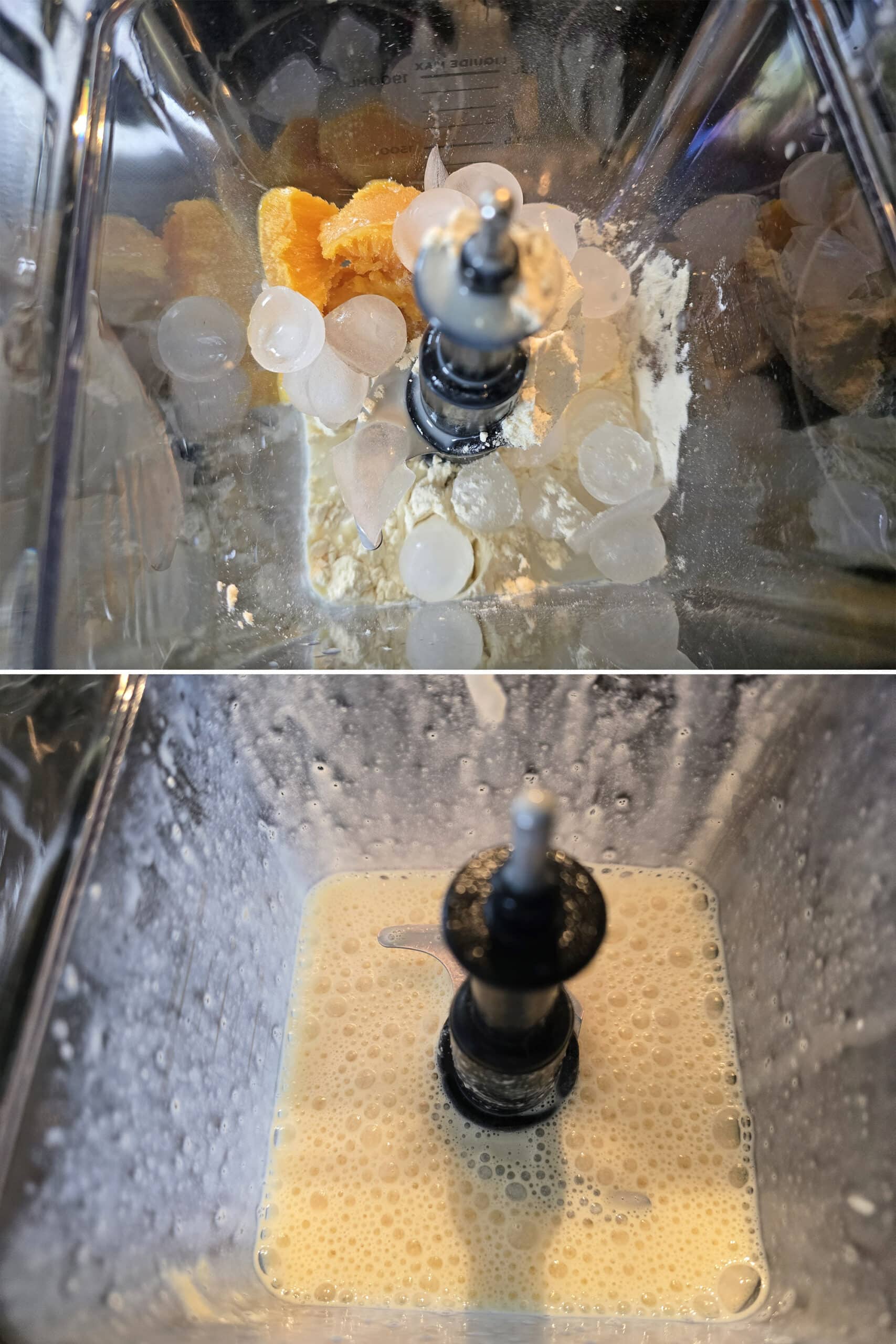 2 part image showing a batch of high protein orange julius shakes being mixed in a blender.