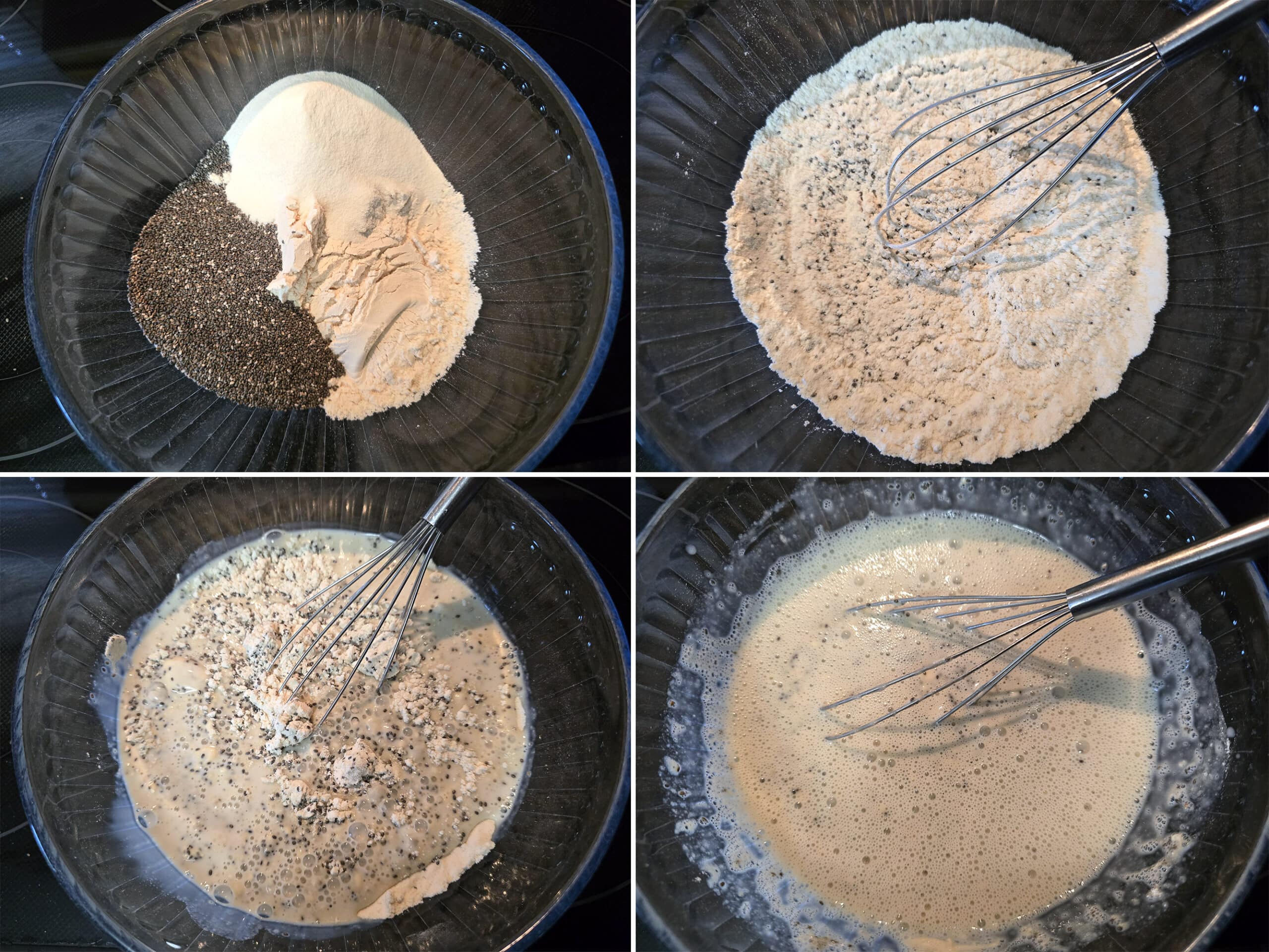 4 part image showing chia seeds, protein powder, and collagen being stirred together, then almond milk stirred in.