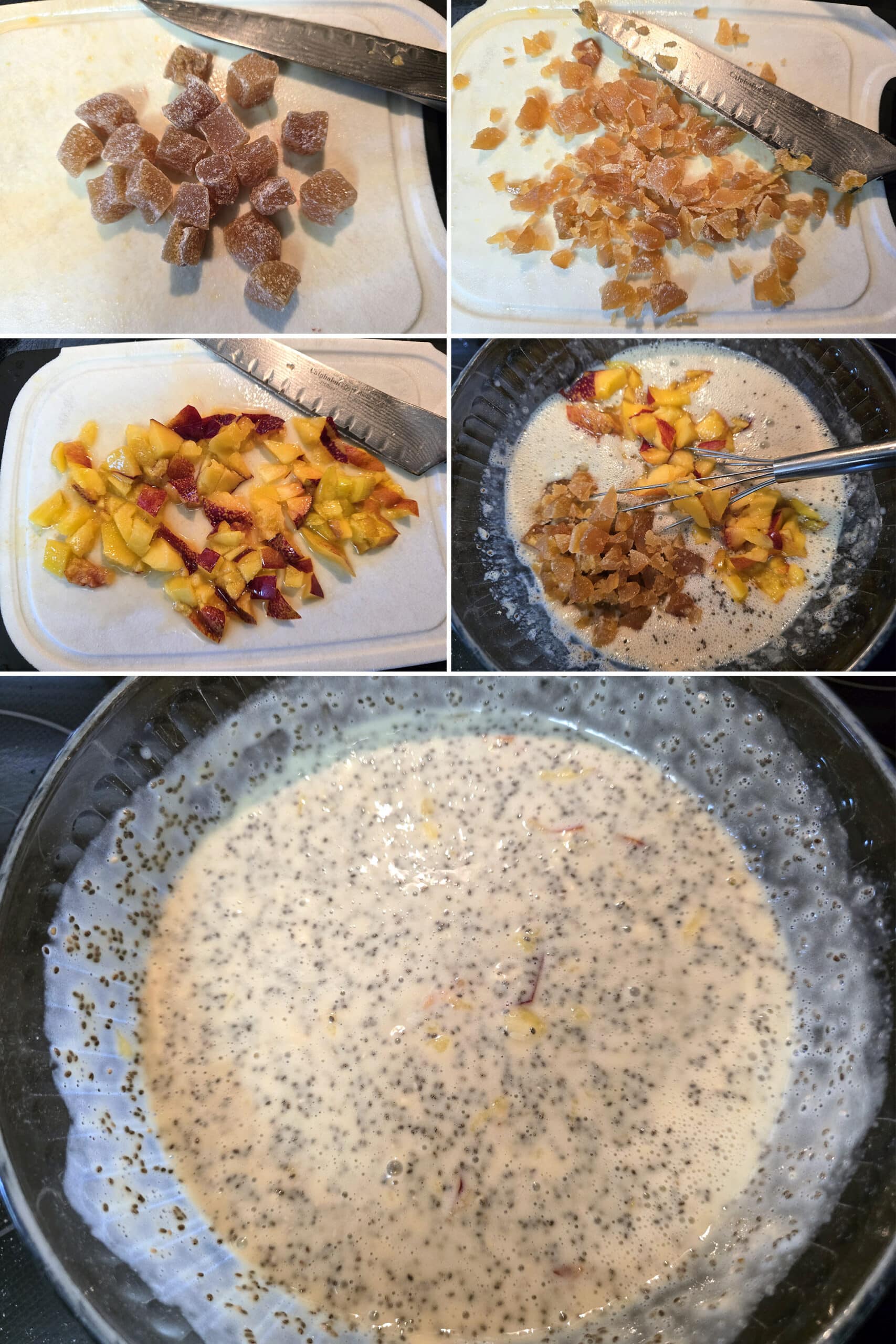 5 part image showing candied ginger and a peach being chopped up and stirred into the high protein chia pudding.