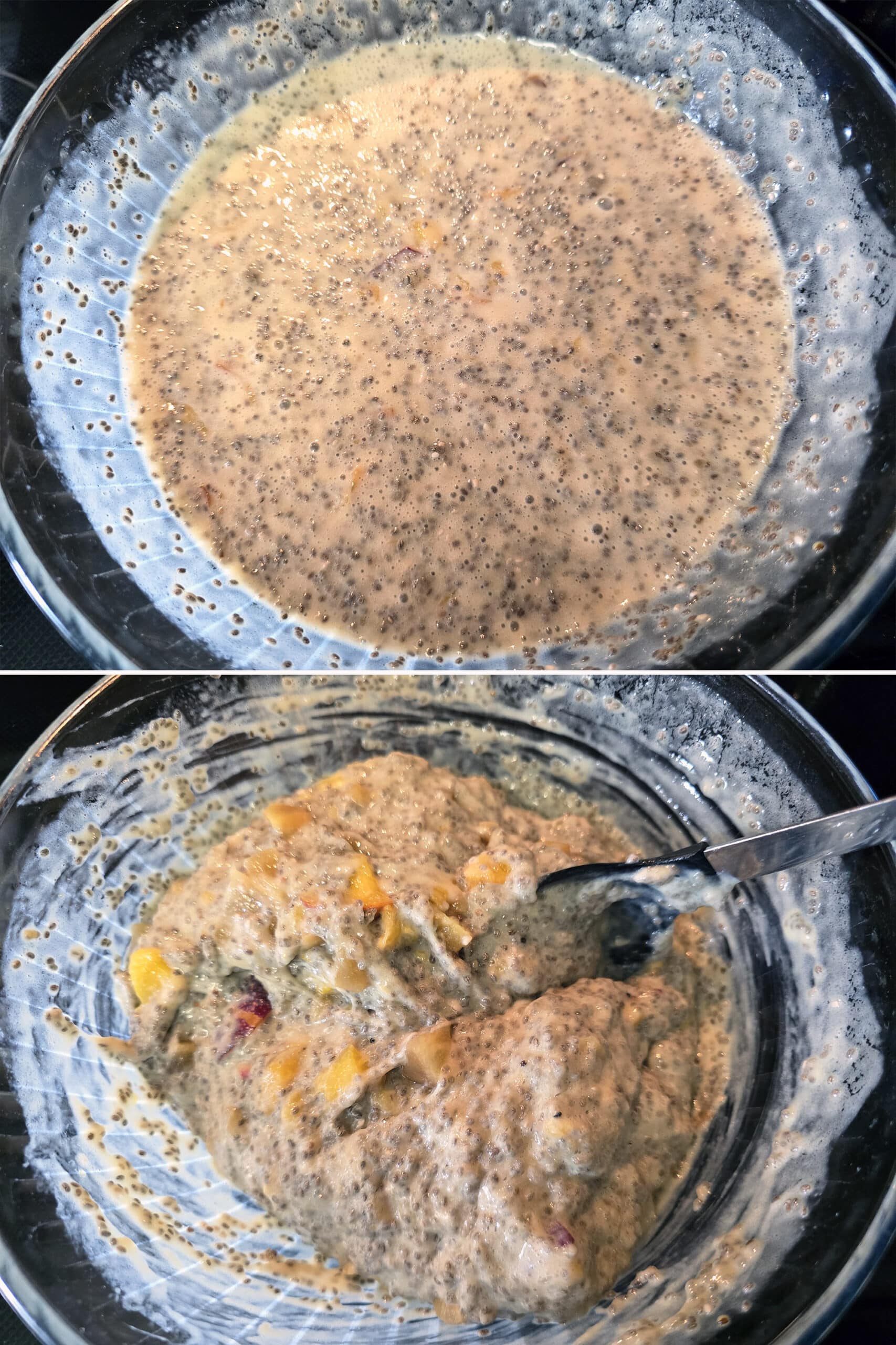 2 part image showing the ginger peach chia pudding being stirred after resting.