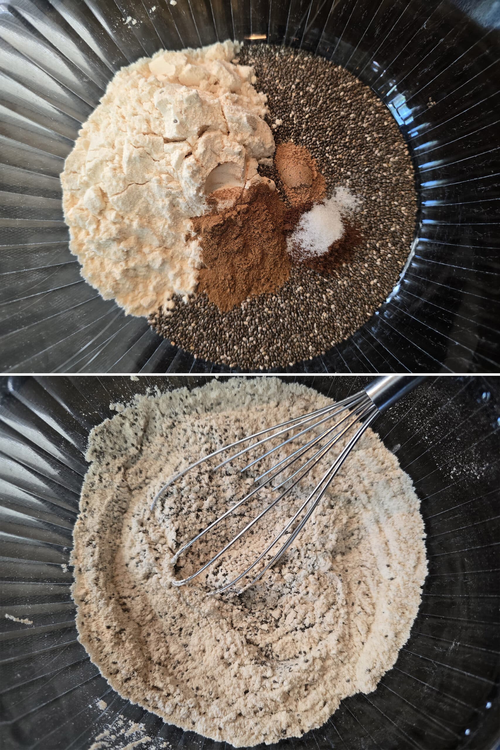 2 part image showing protein powder, chia seeds, and spices being mixed together.
