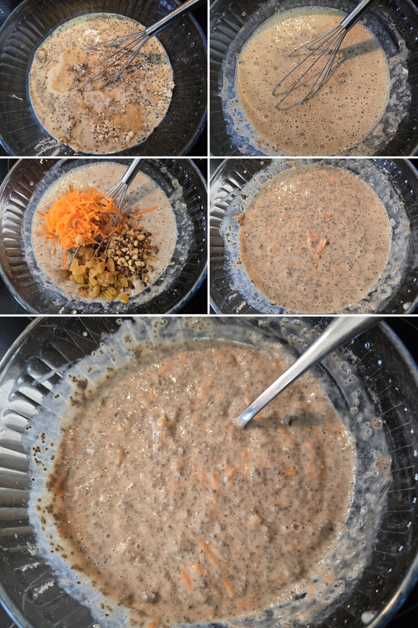 5 part image showing the liquid ingredients, carrots, nuts, and raisins being stirred in, in stages.