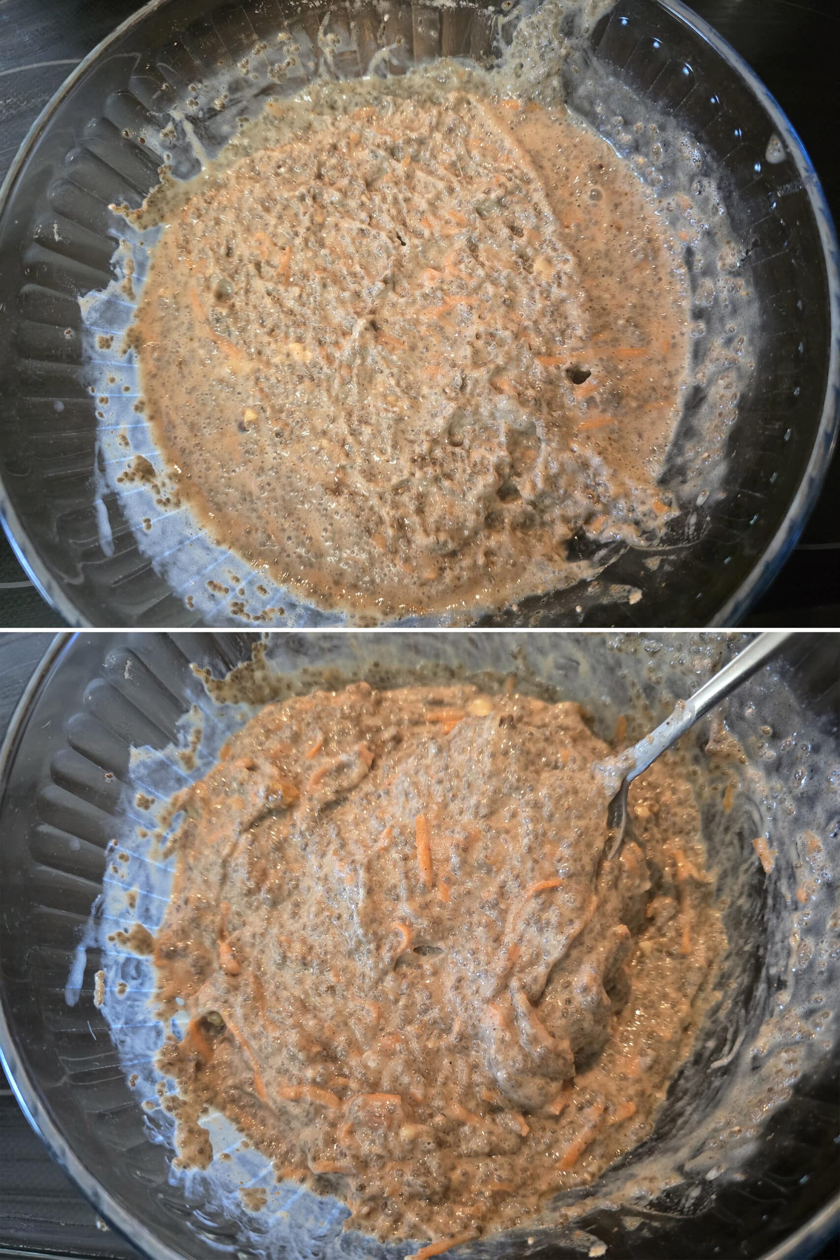 2 part image showing the carrot cake chia pudding being stirred after thickening.