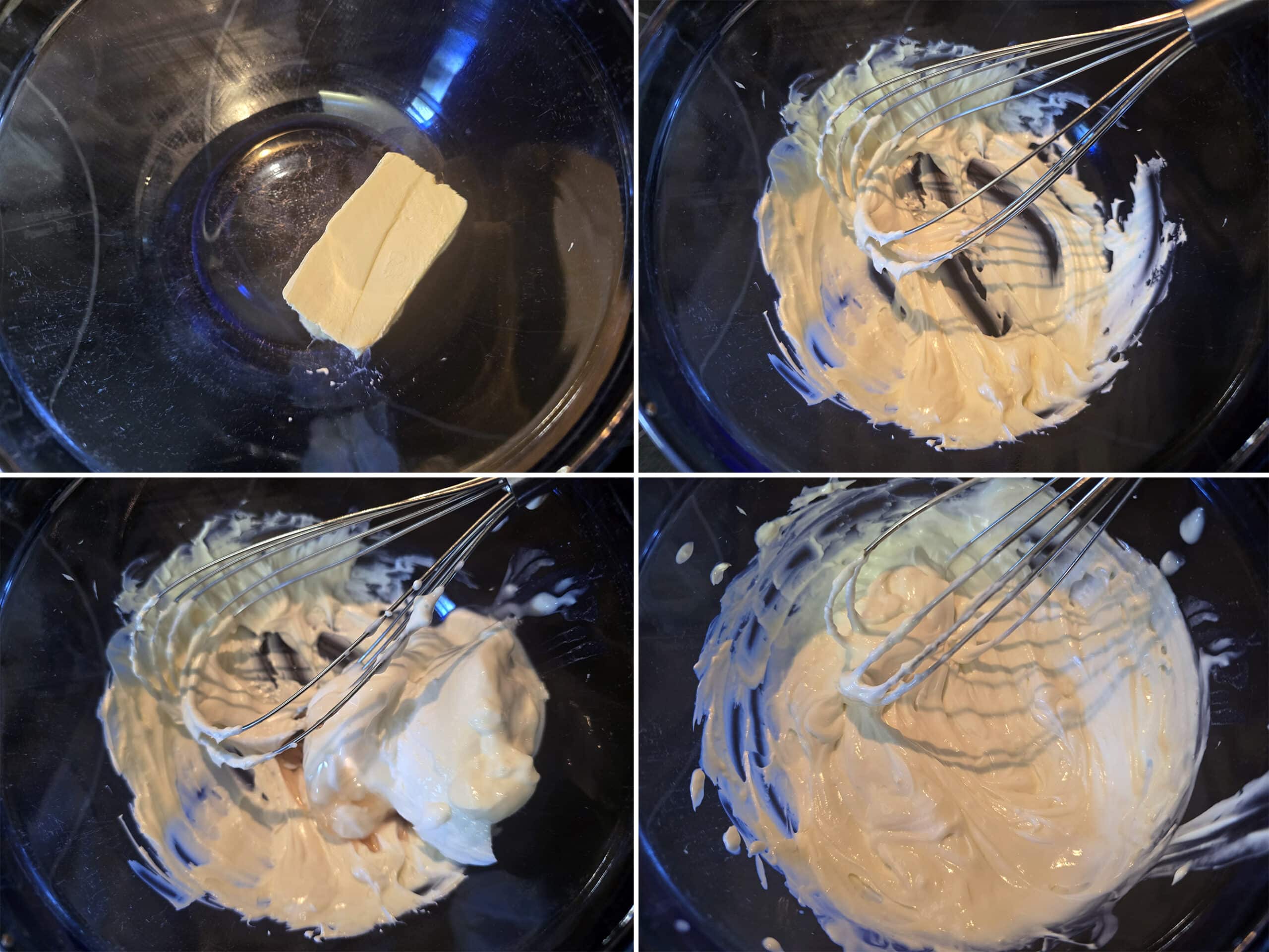 4 part image showing the cream cheese topping being whipped together.
