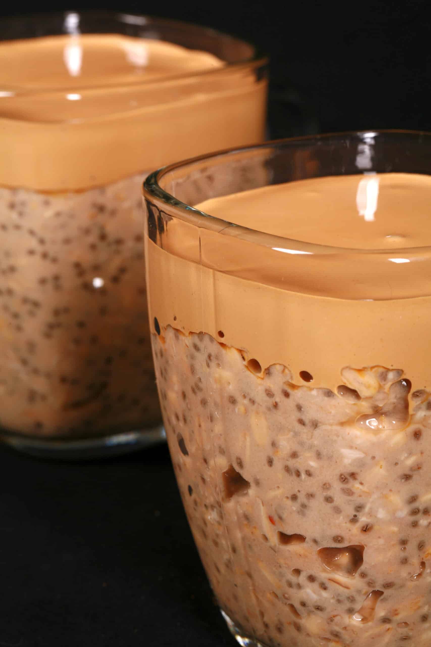 2 mugs of High Protein Dalgona Coffee Overnight Oats.