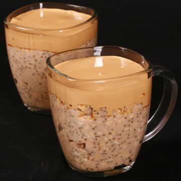 2 mugs of High Protein Dalgona Coffee Overnight Oats.