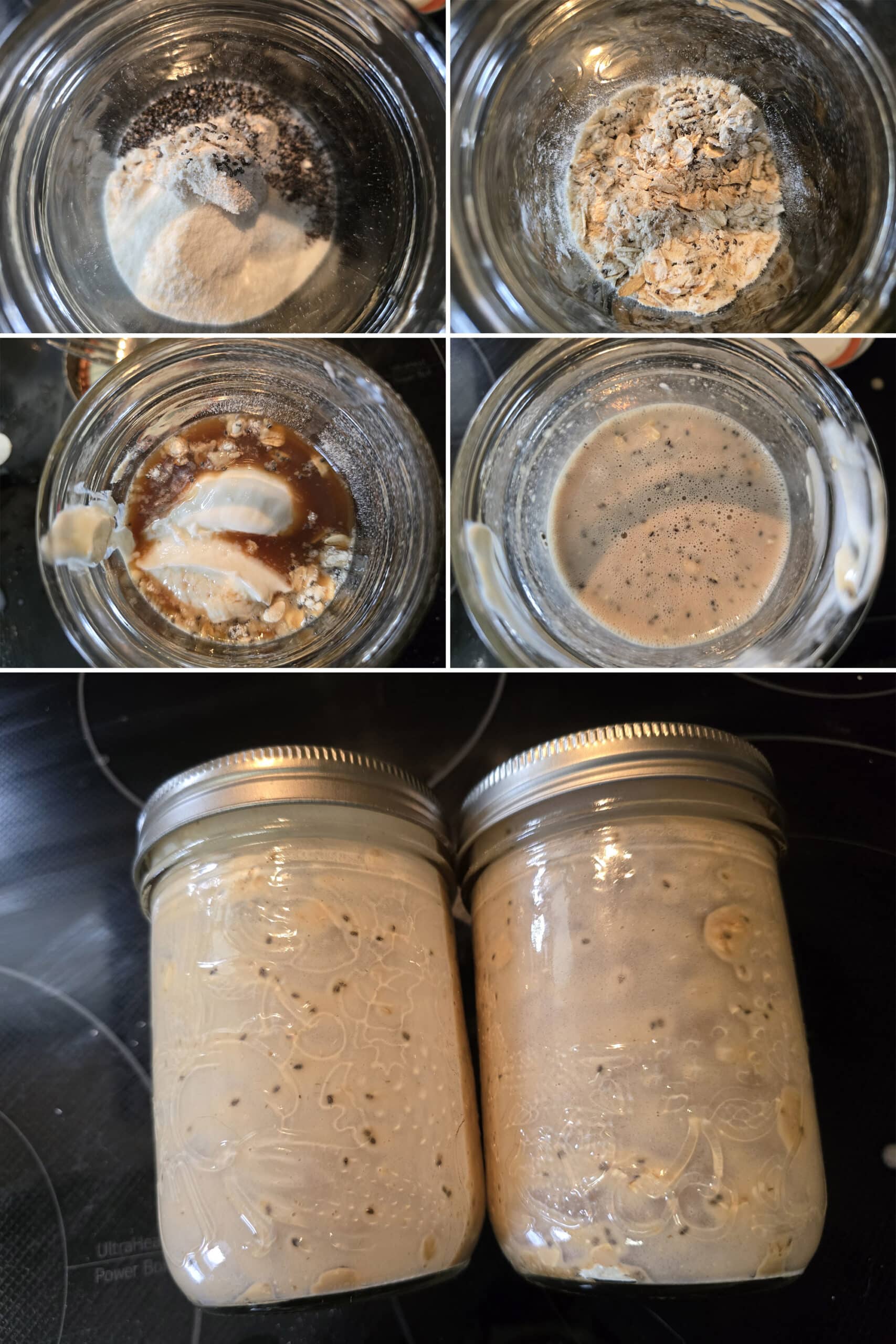5 part image showing 2 jars of coffee overnight oats being mixed up.