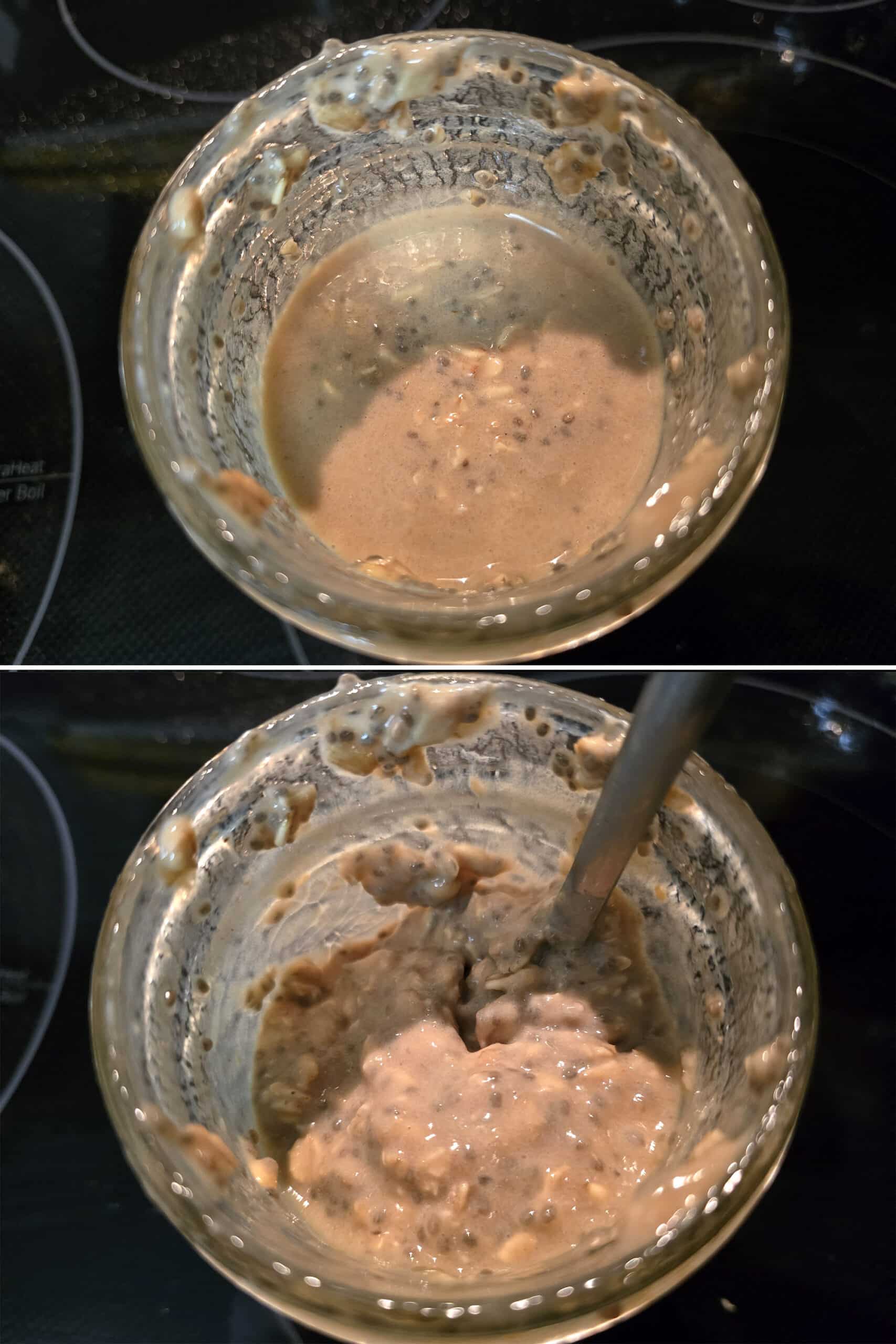 2 part image showing a jar of coffee overnight oats being stirred after sitting overnight.