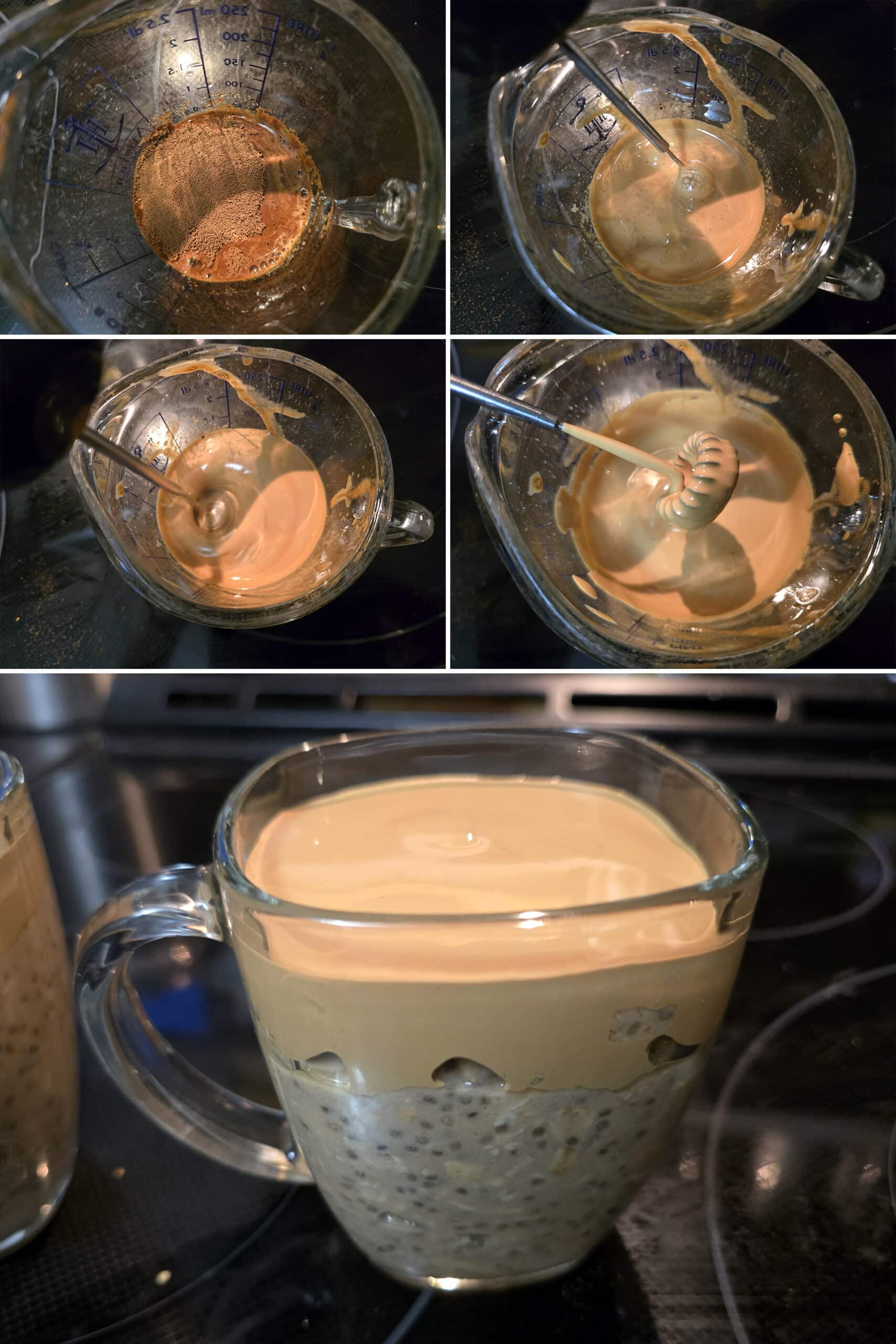 5 part image showing the dalgona coffee topping being whipped and spread on the coffee overnight oats.