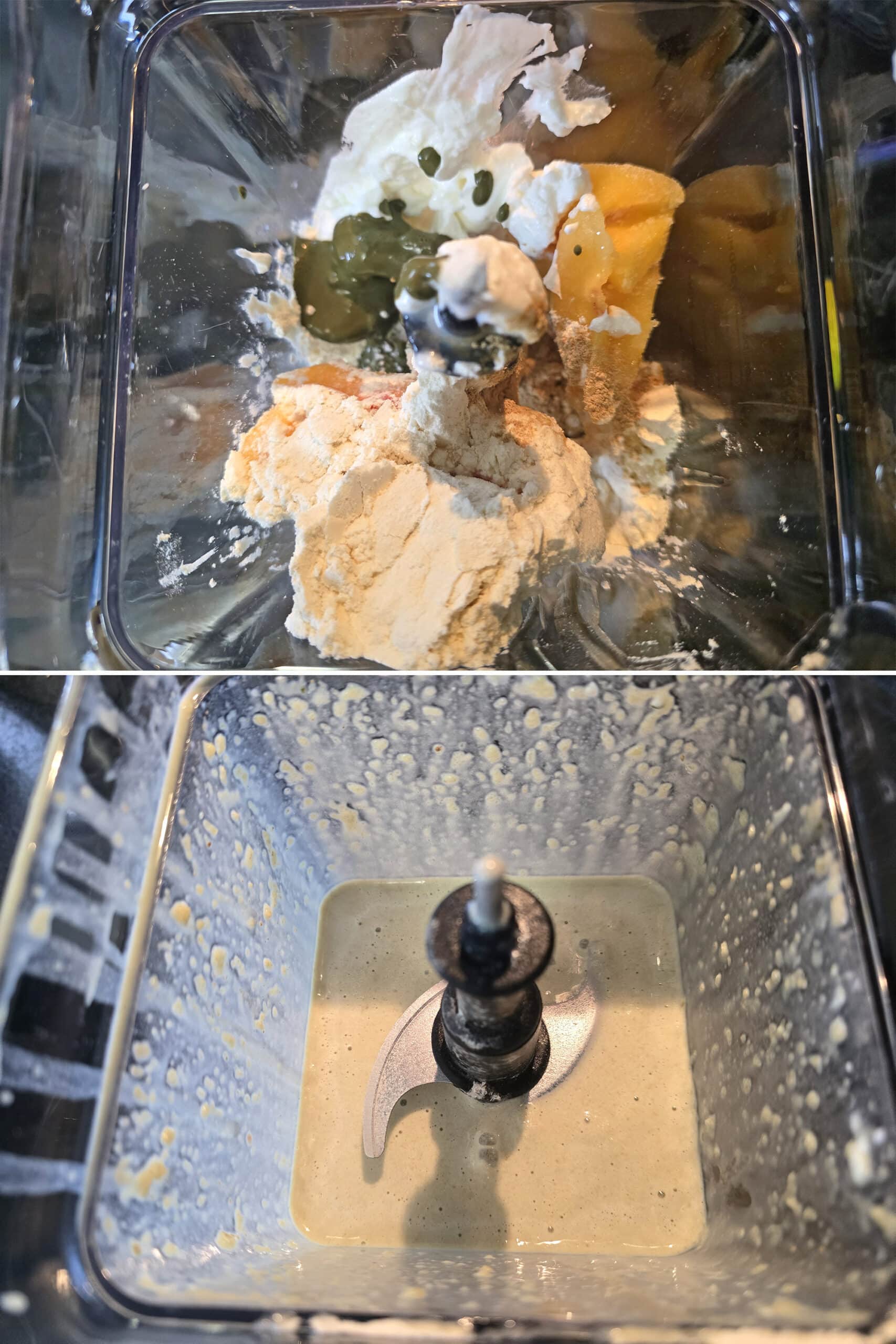 2 part image showing the smoothie being made in a blender.